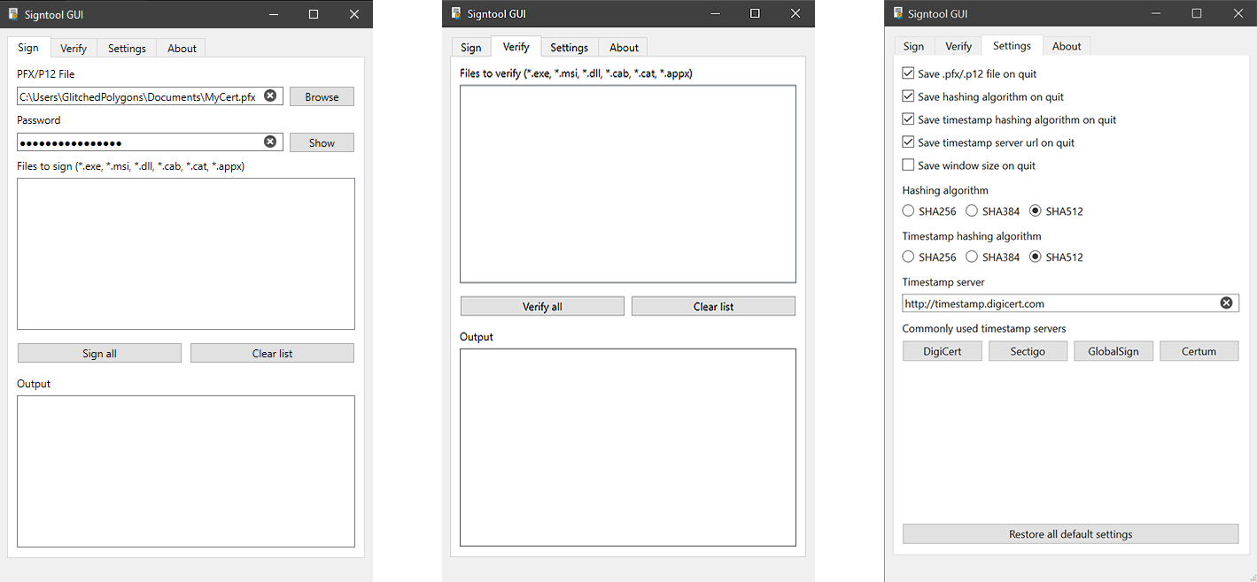 Signtool GUI Screenshots